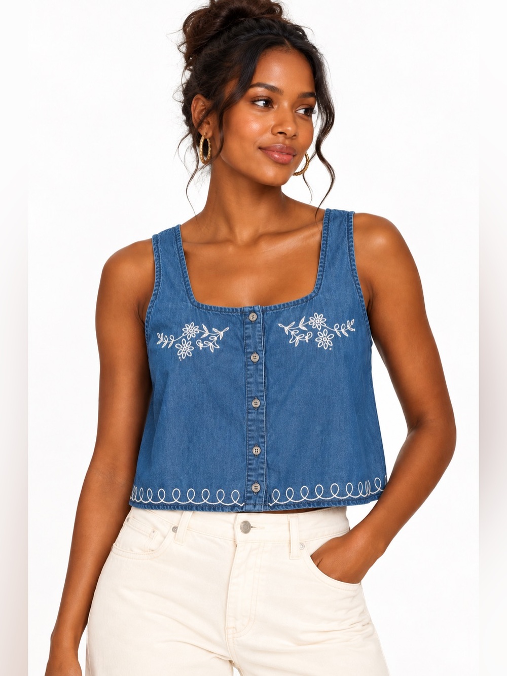 Joie Embroidered Chambray Button Front Tank Top